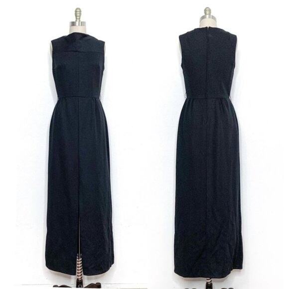 VINTAGE 70s {Montgomery Ward} Black Cocktail Sheath Hostess Maxi Dress Medium - Picture 1 of 6